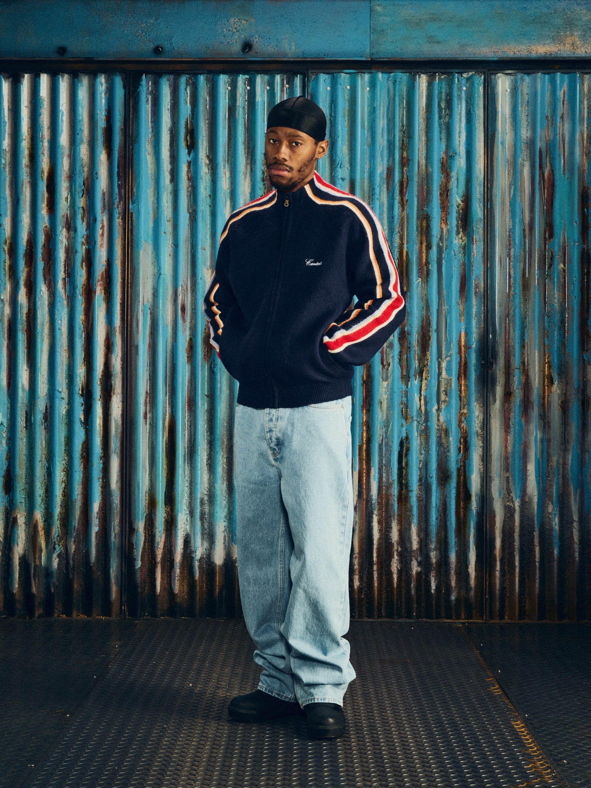 MULTI STRIPE KNIT ZIP UP [NAVY]