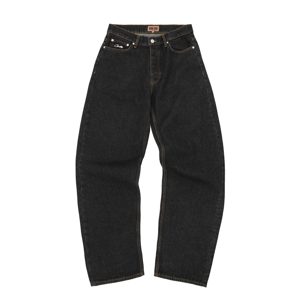 CREST CHAINSTITCH BAGGY JEANS [WASHED BLACK]