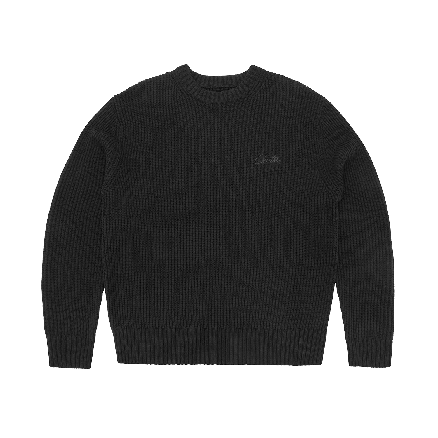 CROCHET APPLIQUE KNIT CREW [TRIPLE BLACK]
