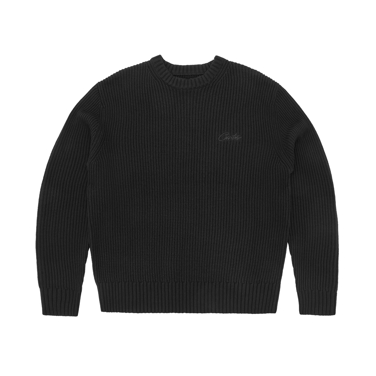CROCHET APPLIQUE KNIT CREW [TRIPLE BLACK]